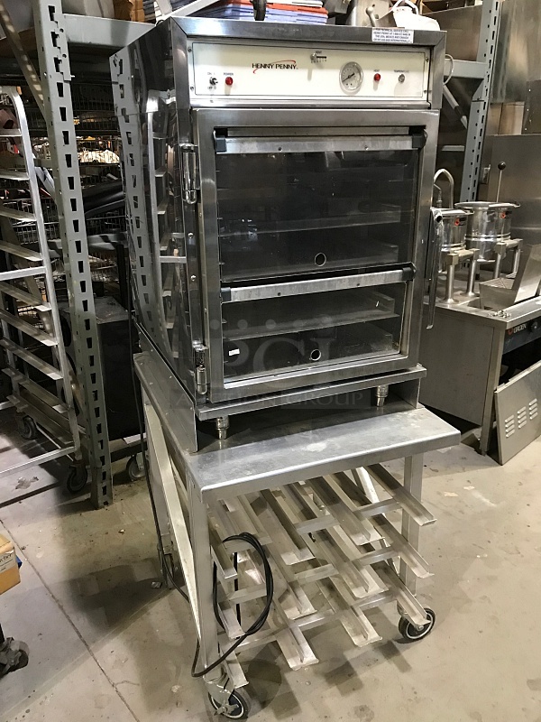 NICE! Henny Penny HC-903 Pass Through Heated Holding Cabinet on Stainless Steel / Aluminum Can Rack on Casters, 120v 1ph, Tested & Working!