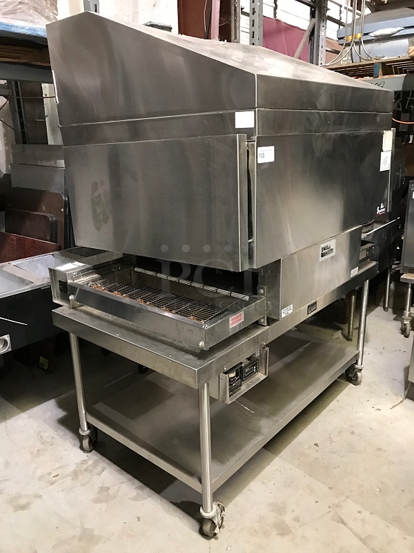 Randell Pizza Pride Electric Conveyor Pizza Oven w/ Built On Air Systems Exhaust Hood on Stainless Steel Stand on Casters, Tested & Working!
