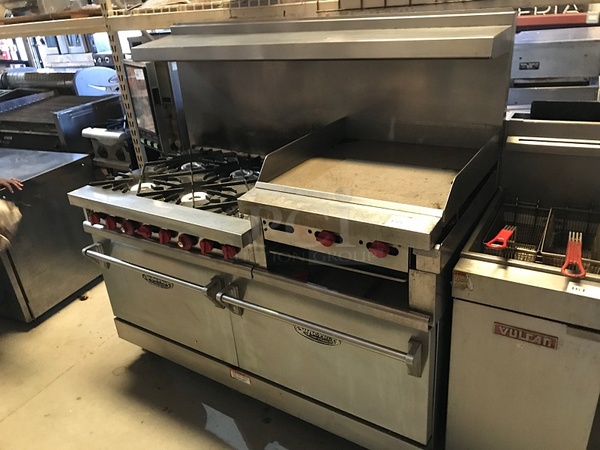 Superior Natural Gas Range w/ 6 Burners, 24" Flat Top, Cheese Melter & 2 Standard Ovens on Casters & Over Shelf, Tested & Working!