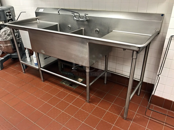 Two Compartment Stainless Steel Sink w/ Left & Right Drainboards & Faucet