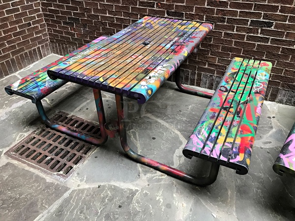 Two Colorfully Decorated Wood & Metal Picnic Tables