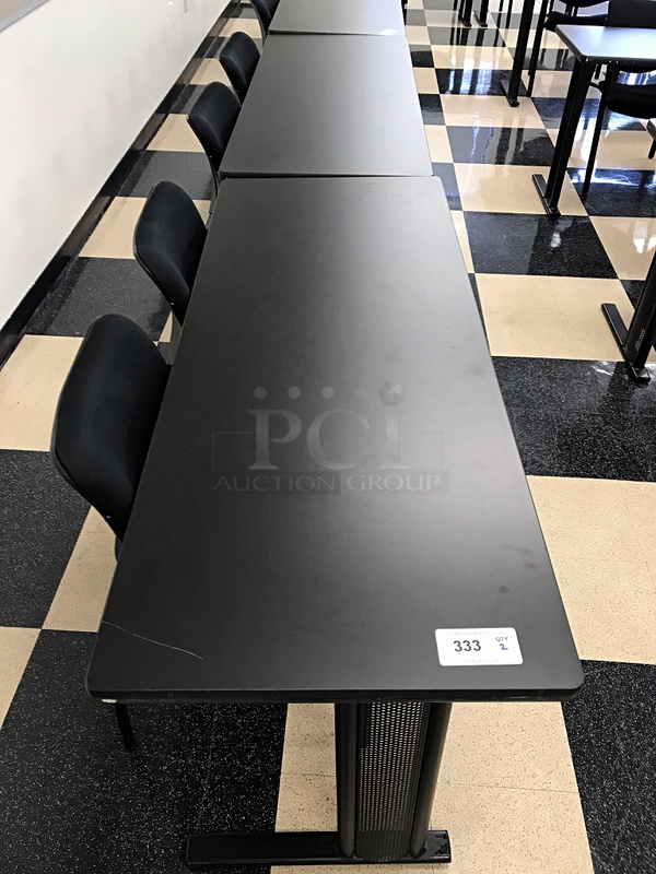 Three Black Wooden Desks w/ Metal Base & Six Stackable Herman Miller Side Chairs