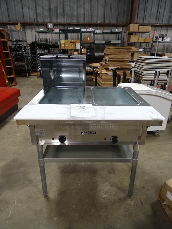 NEW! Admiral Craft Model ST-120/2 2 Well Commercial Stainless Steel Electric Steam Table With Stainless Steel Adjustable Undershelf, And Galvanized Steel Wells.  120 Volt 1 Phase. 1 Year Warranty On Parts And Labor, Standard.  33X31x34