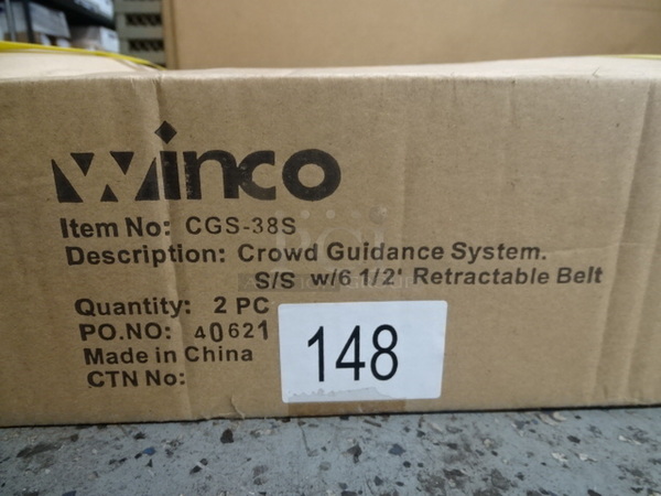 STILL IN THE BOX! Brand New Winco Model CGS-38S Crowd Guidance System With 6.5" Retractable Belt. 23.5x36.5x5