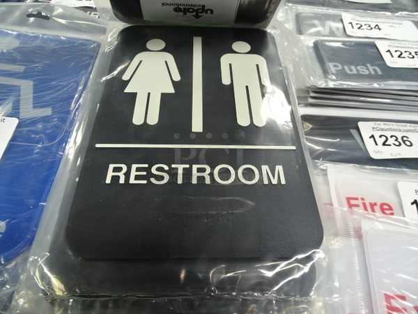 (x6) 6 Times Your Bid. Unisex "Restroom" Sign. 6x9
