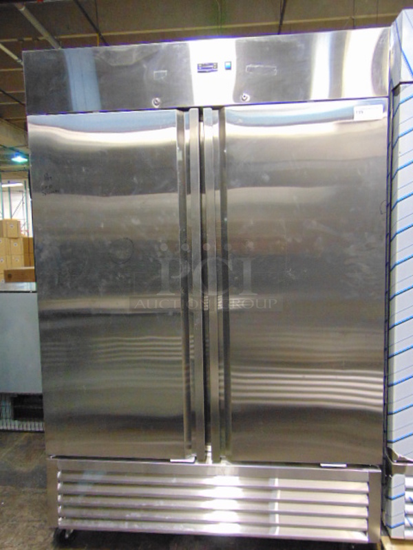 SPLENDID! BRAND NEW SG Merchandising Model DD49-SDSS Commercial Stainless Steel Electric Double Door Freezer On Commercial Casters. 115 Volt 54x32.25x83 Tested And Working. 