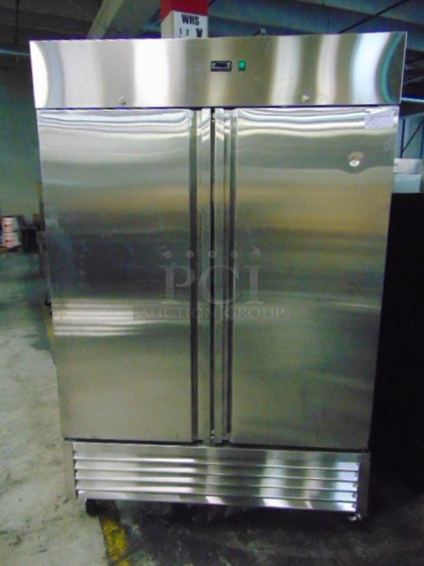 AMAZING! BRAND NEW SG Merchandising Model DD49-SDSS Commercial Stainless Steel Electric Double Door Freezer On Commercial Casters. 115 Volt 54x32x83 Tested And Working.