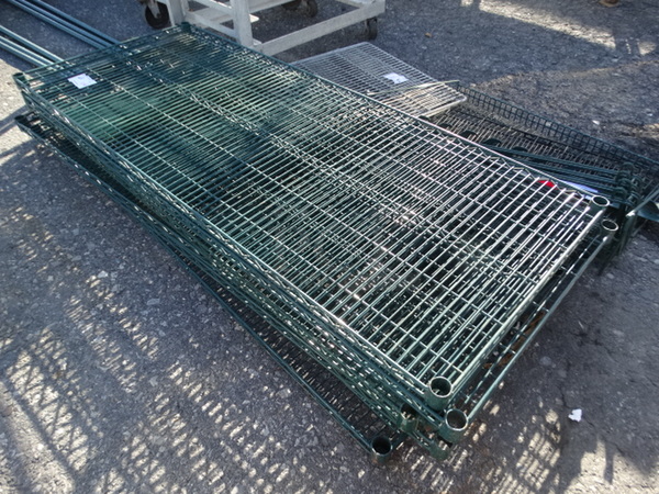ALL ONE MONEY! Lot of 6 Green Coated Metro Shelves and 6 Poles! 60x24x1.5, 76"