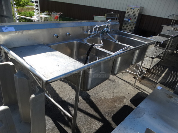 Stainless Steel 3 Bay Sink w/ Left Side Drainboard, Faucet and Handle. 88x34x47. Bays 20x28x14. Drainboard 16x31x2