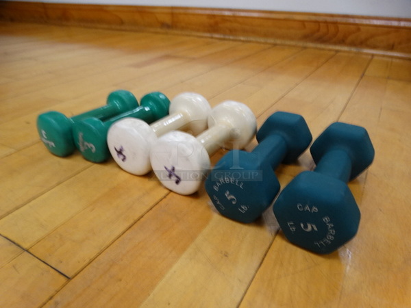 ALL ONE MONEY! Lot of 6 Dumbbells; 2 Green 3 Pound, 2 White 4 Pound and 2 Blue 5 Pound!