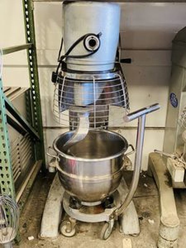 AMAZING!! Berkel Model FMS-60 60 Qt. Planetary Mixer Bowl Caddy.  with 6-speed, 3 HP (continuous duty), totally enclosed, and permanently lubricated, thermally protected motor; Includes 60 Qt. Bowl, Bowl Caddy and Dough Whip.  200-240V 50/60Hz 3/1Ph 8/15Amp  29-1/4"x36"x61"