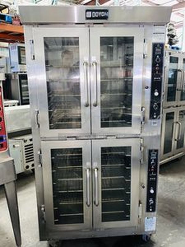 LIKE NEW, Barley Used!! Doyon Baking Equipment JA12SLG 38" Jet Air Gas Dual Convection Oven Model: 12 Full (18"x26")Pans, side loading, reversing fan system, digital temperature controller and timer, steam injection system, full view glass doors, interior light, stainless steel interior & exterior, casters.  Removed From Ceasar's Hotel and Casino  38"W x 72¾"H x 37½"D  120/208 volts 60Hz 3Ph 7A Phases 3 Watts 60