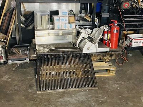 VEGAS SIZED LOT - 2 Griddle Tops (5ft and 6ft) with 1" Plate, Floor Tiles, Goldstar Microwave, Uivex Deli Slicer, 2 Charged Fire Extinguishers, Hand Sink, Char Broiler Grill, Plastic Bottles With Tops, Box Of 20 Stirrer Boxes, Stainless Steel Point of Sale Shelf.