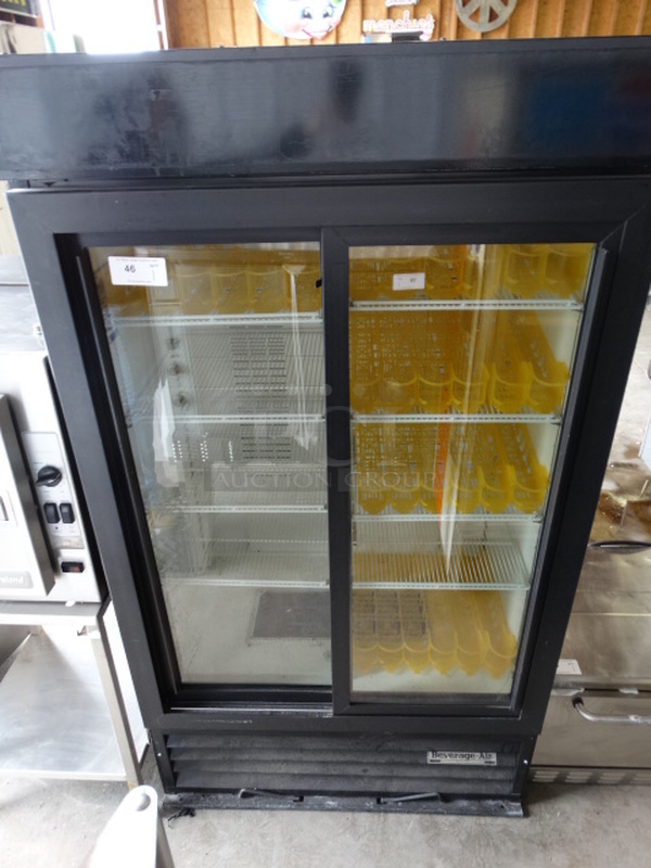 GREAT! Carrier Model MC1100 Metal Commercial 2 Door Reach In Cooler Merchandiser w/ Poly Coated Racks. 120 Volts, 1 Phase. 43x32x78. Tested and Working!