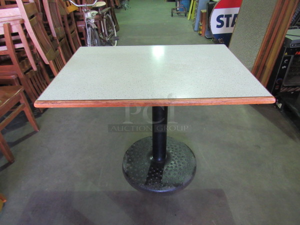 Granite Look Laminate Table Top With A Solid Oak Wooden Edge On A Decorative Round Base. 42X30X30.