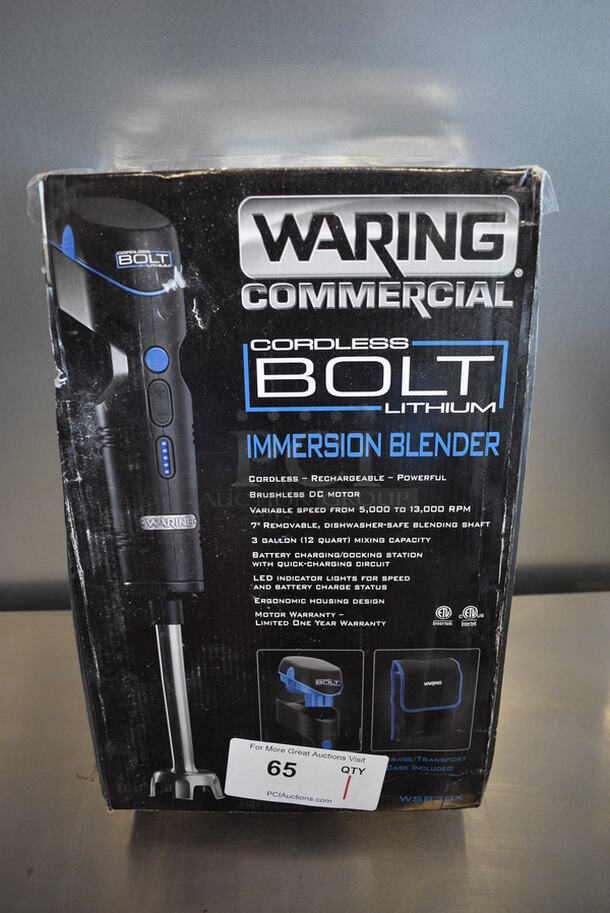BRAND NEW IN BOX! Waring Cordless Bolt Lithium Immersion Blender. 120 Volts, 1 Phase