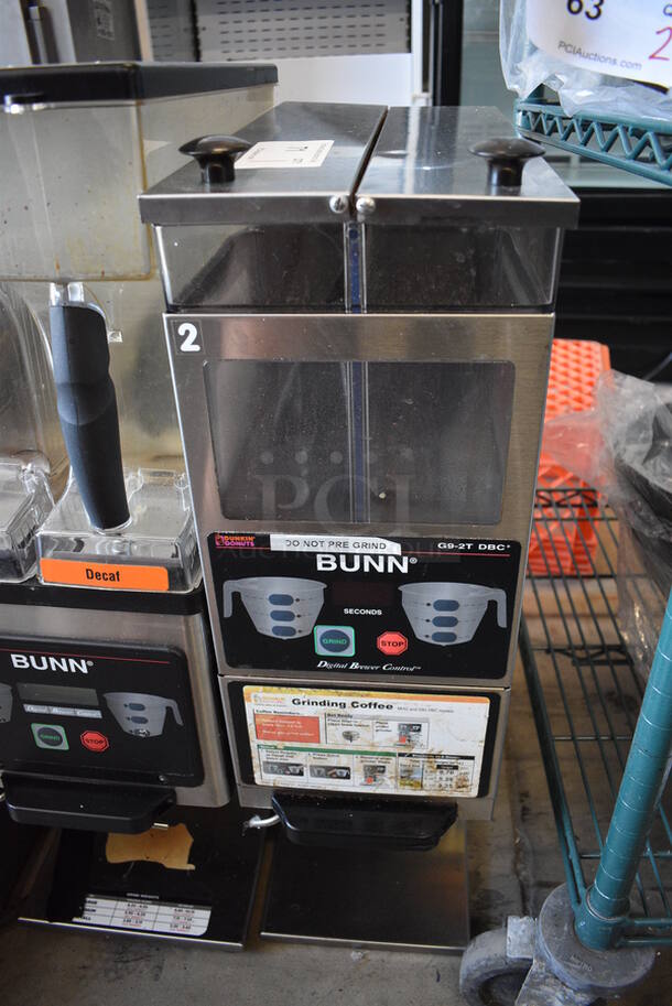 NICE! 2004 Bunn Model G9-2T Stainless Steel Commercial Countertop Coffee Bean Grinder. 120 Volts, 1 Phase. 8x18x28. Tested and Working!