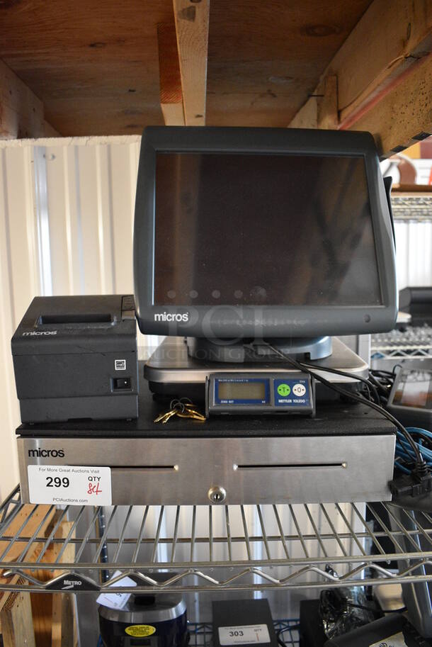 ALL ONE MONEY! Lot of Micros 15" POS Monitor, Mettler Toledo Scale, Epson Model M244A Receipt Printer and Micros Metal Cash Drawer!