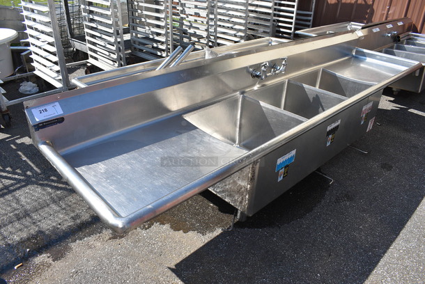 Stainless Steel Commercial 3 Bay Sink w/ Dual Drainboards. 106x25x25. Bays 18x19x12. Drainboards 24x21x1