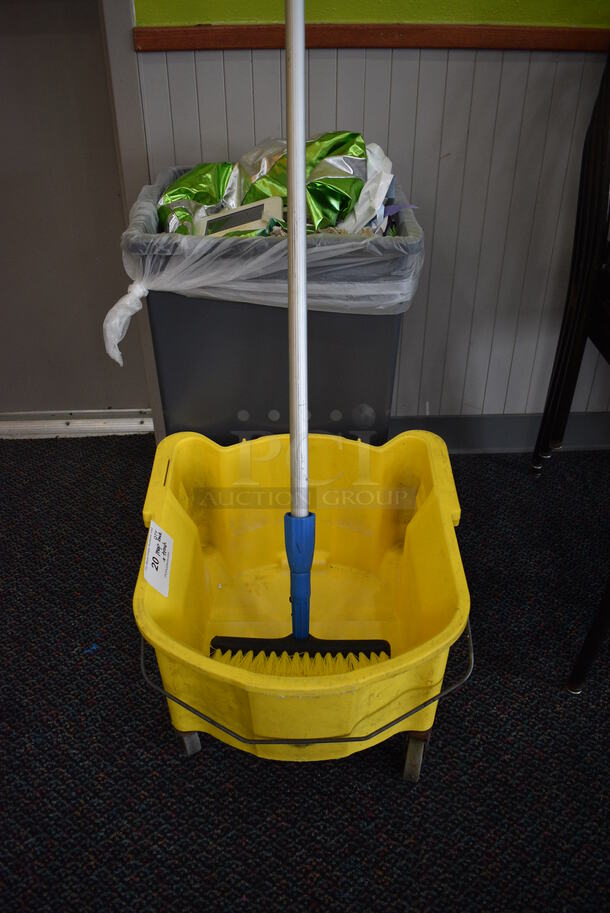 ALL ONE MONEY! Lot of Yellow Poly Mop Bucket on Casters, Broom and Gray Trash Bin! 18x19x14. 70". 16x16x27
