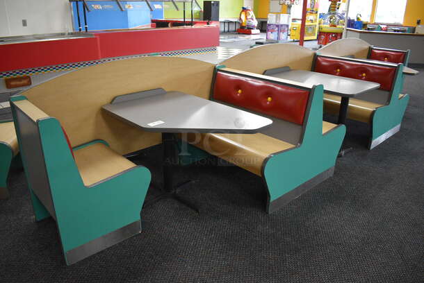ALL ONE MONEY! Lot of 2 Single Sided Blue / Red Booths, 2 Double Sided Blue / Red Booths and 3 Gray Tables! Booths: 24x24x35.5, 42x45x35.5. Tables: 42x28x31. BUYER MUST REMOVE