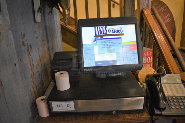 ALL ONE MONEY! Lot of Micros 15" POS Monitor, Epson Model M129C Receipt Printer and Cash Drawer!