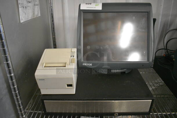 ALL ONE MONEY! Lot of Micros 15" POS Monitor, Epson Model M129B Receipt Printer and Metal Cash Drawer!