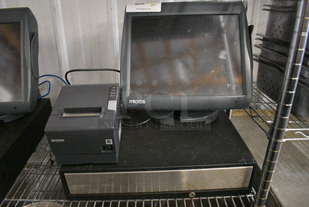 ALL ONE MONEY! Lot of Micros 15" POS Monitor, Epson Model M244A Receipt Printer and Metal Cash Drawer!