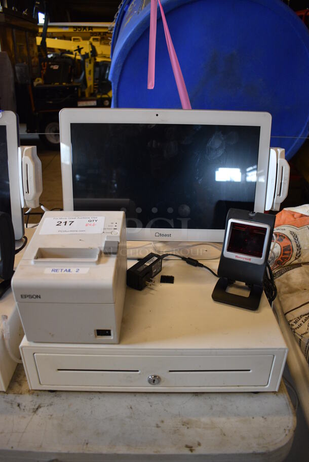 ALL ONE MONEY! Lot of Toast 15.5" POS System Monitor w/ Epson Model M267D Receipt Printer, Honeywell Barcode Scanner and Cash Drawer!