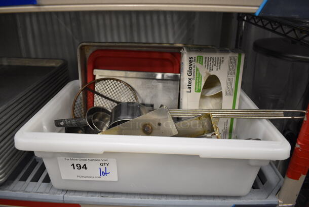 ALL ONE MONEY! Lot of Various Items Including Skimmer, Gloves and Metal Measuring Cups in White Bin!