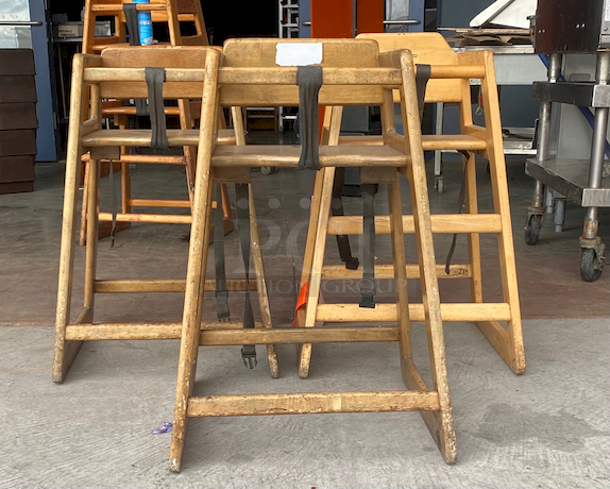 SWEET! SET OF 3 Wood Stacking Restaurant High Chairs with Dark Finish.

Overall Dimensions:
Length: 20"
Width: 18 1/2"
Height: 27 1/2"