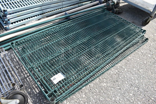 ALL ONE MONEY! Lot of 4 Green Finish Metro Style Shelves w/ 4 Poles on Commercial Casters. 48x24x1.5, 80"