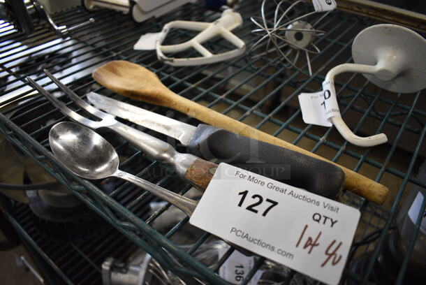 ALL ONE MONEY! Lot of 4 Various Utensils; Wooden Spoon, Steak Tongs, Knife and Spoon!