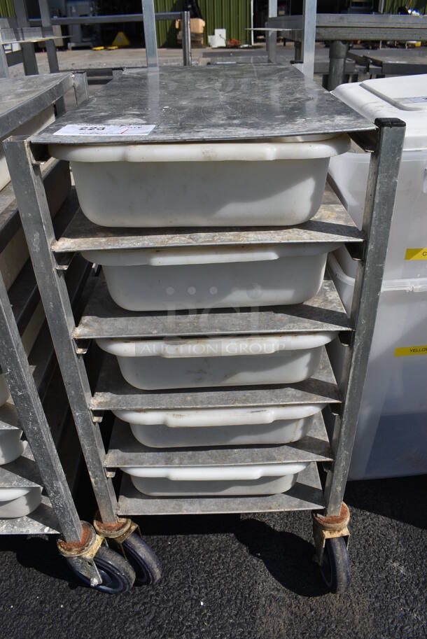 Metal Commercial Transport Cart w/ 5 Poly Bins on Commercial Casters. 16x26x31