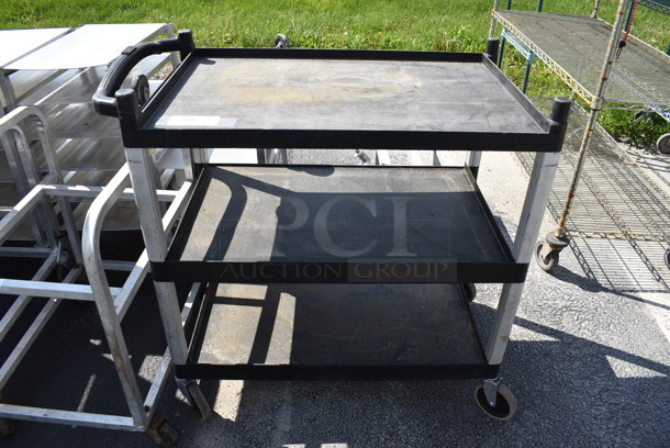 Black Poly 3 Tier Cart w/ Push Handle on Commercial Casters. 37.5x21x37