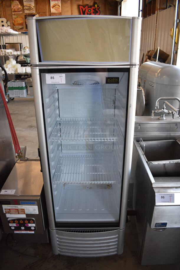 Acadia Model XLS-250EFC Metal Commercial Single Door Reach In Cooler Merchandiser w/ Poly Coated Racks. 115 Volts, 1 Phase. 22.5x23.5x67.5. Tested and Powers On But Does Not Get Cold