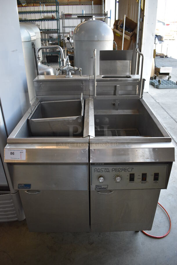 BEAUTIFUL! Pitco Frialator Model PG14SS-HVL Stainless Steel Commercial Natural Gas Powered Single Bay Pasta Cooker w/ Left Side Dumping Warming Station and Metal Basket. 52,500 BTU. 32x36x48