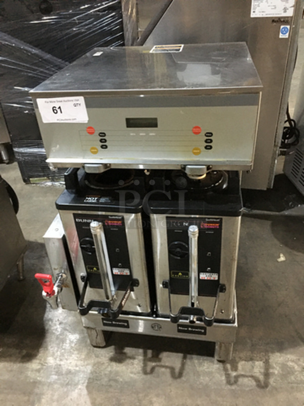 Bunn Commercial Countertop Dual Coffee Brewing Machine! With Hot Water Dispenser! With Beverage Holders/Dispensers! All Stainless Steel Body! Model DUALSHDBC Serial DUAL116017! 120/208V 1Phase! On Legs!
