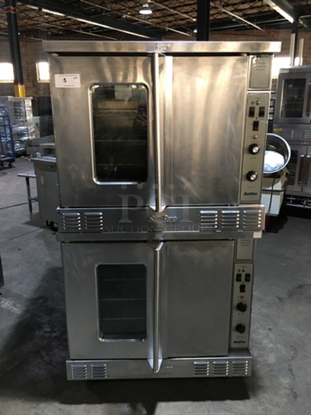 GREAT! Sunfire Double Stacked Natural Gas Powered Convection Ovens! All S.S! With One View Through Door & One Solid Door! Model SCOGS10S Serial 1209230000723! On Commercial Casters! 2 X Your Bid! Makes One Unit!