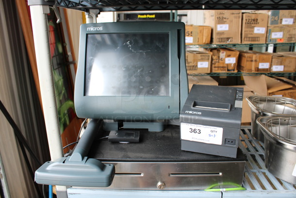 ALL ONE MONEY! Lot of Micros 15" POS Monitor, Epson Model M129H Receipt Printer, Micros Customer Screen and Metal Cash Drawer!