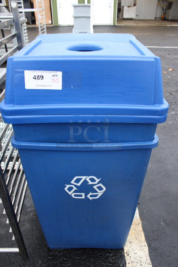 2 Blue Poly Trash Cans w/ 2 Lids. 20x20x34. 2 Times Your Bid!