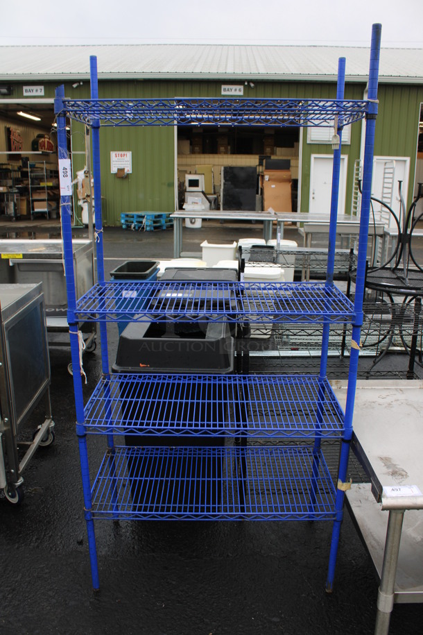 Blue Finish 4 Tier Shelving Unit. BUYER MUST DISMANTLE. PCI CANNOT DISMANTLE FOR SHIPPING. PLEASE CONSIDER FREIGHT CHARGES. 36x18x75