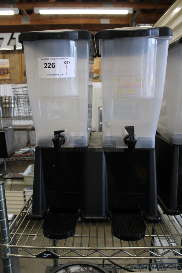 Carlisle Clear and Black Beverage Dispensing Unit w/ 2 Hoppers on Stand w/ Lids and Drip Trays. 16x19x20