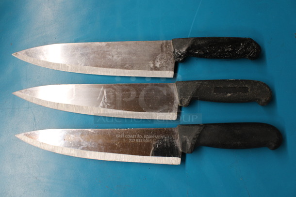 3 Sharpened Stainless Steel Chef Knives. Includes 14". 3 Times Your Bid!