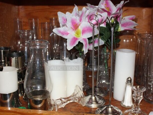 ALL ONE MONEY! Lot of Various Sized Glass Vases, Salt and Pepper Shaker, Fake Flowers, Tea Lights, Tea Light Holders and Table Number Holders. Winning Bidder Can Take What They Want From Lot!