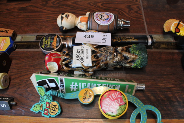 5 Various Beer Tap Handles; Fat Head, Jacques All Lantern, Angry Orchard, Evil Genius and Magic Hat. Includes 9". 5 Times Your Bid! (bar)