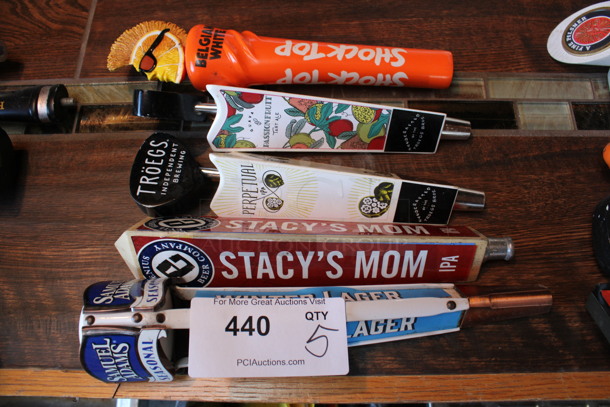5 Various Beer Tap Handles; Belgian White, Passion Fruit, Troegs, Stacy's Mom and Samuel Adams. Includes 13". 5 Times Your Bid! (bar)