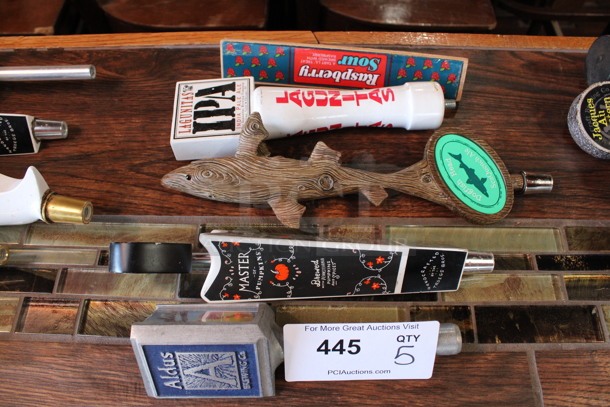 5 Various Beer Tap Handles; Raspberry, Laguintas, Dogfish, Master and Aldus. Includes 11". 5 Times Your Bid! (bar)