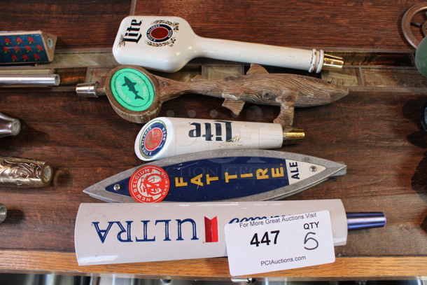5 Various Beer Tap Handles; Miller Lite, Dogfish, Fattire Ale and Michelob. Includes 11". 5 Times Your Bid! (bar)