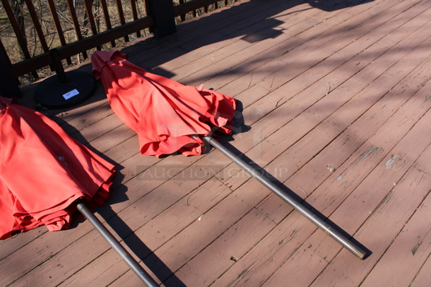 Red Patio Umbrella and Metal Umbrella Base. 90", 17x17x2. (patio)